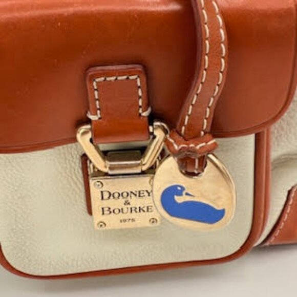 Dooney & Bourke Vintage  Pebbled Leather Satchel Tote | White Tan Trim Large Bag - Picture 5 of 14